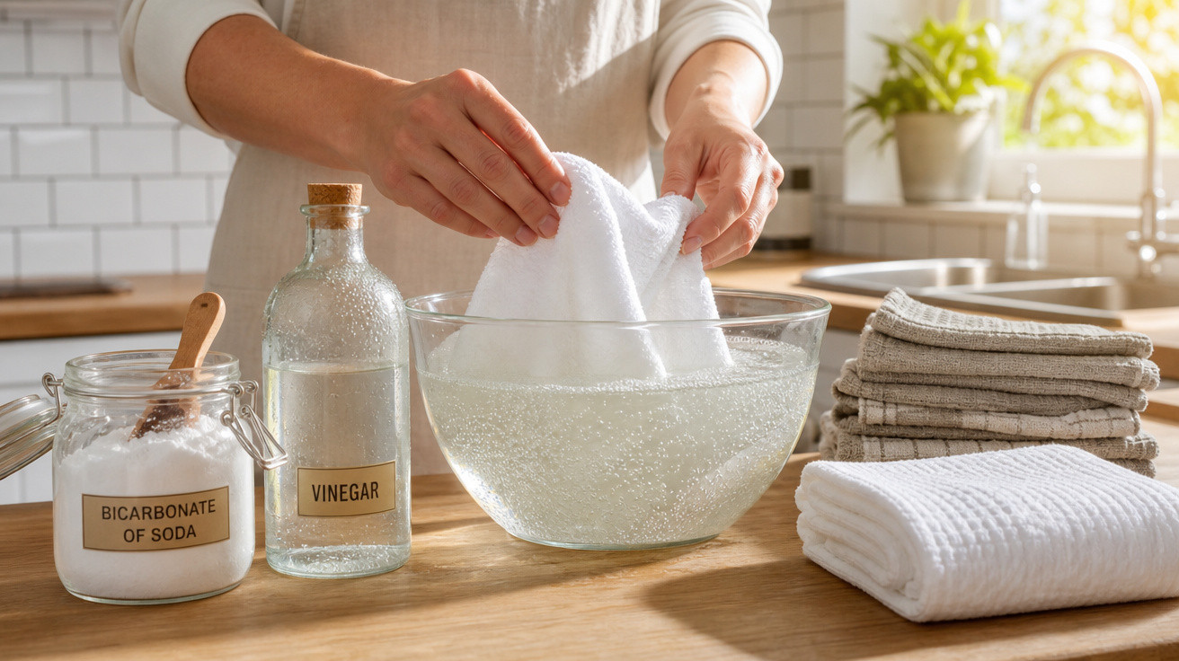 Pessoa mergulhando pano branco em tigela com solução de bicarbonato e vinagre na cozinha.