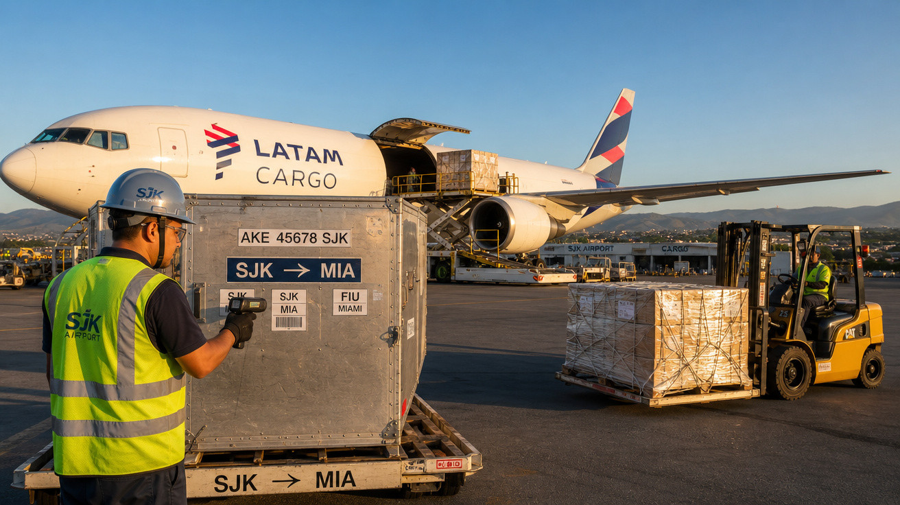 Funcionário de aeroporto com colete e capacete inspeciona carga em contêiner metálico próximo a avião cargueiro da LATAM.