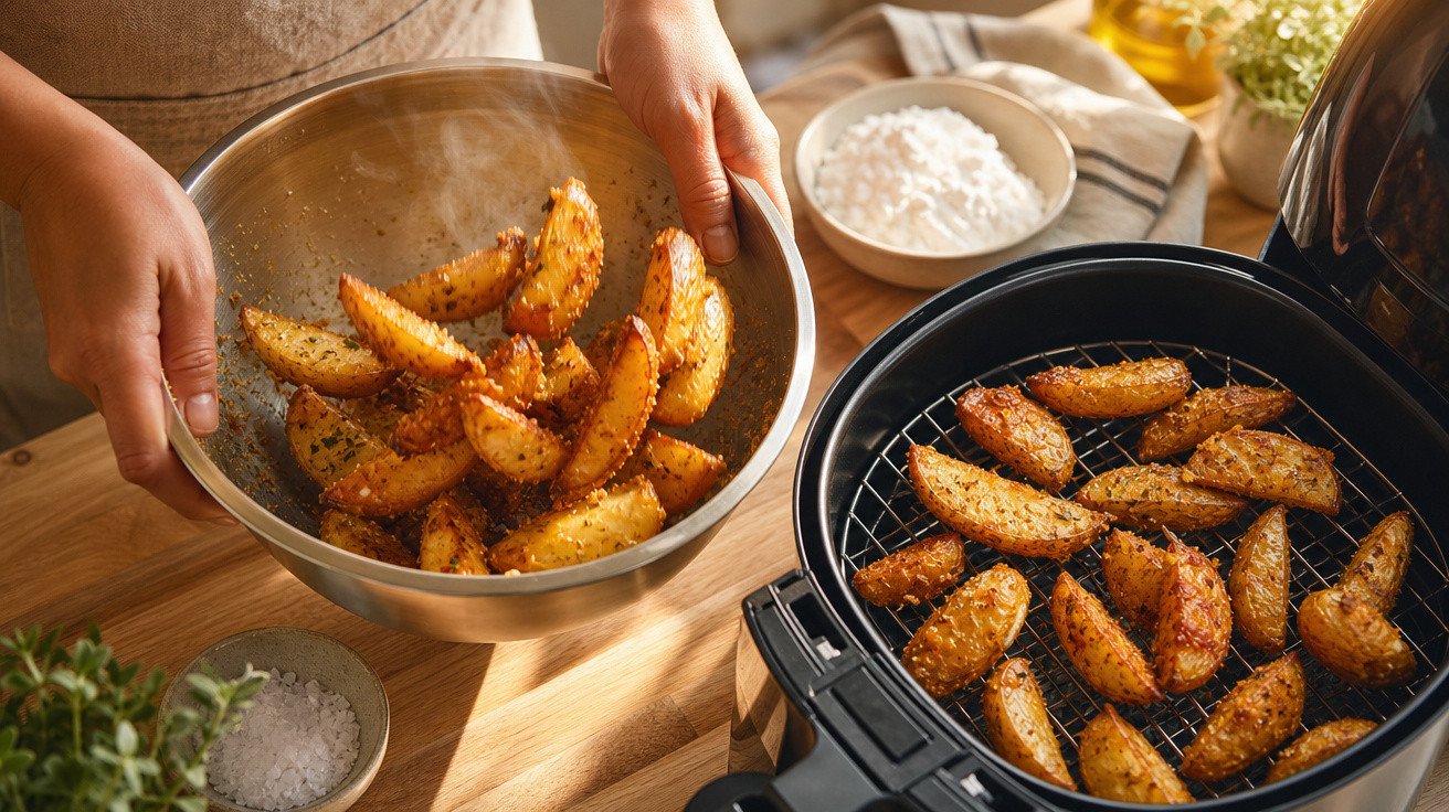 Mãos mexendo batatas rústicas temperadas em tigela próxima a air fryer com batatas assadas douradas.