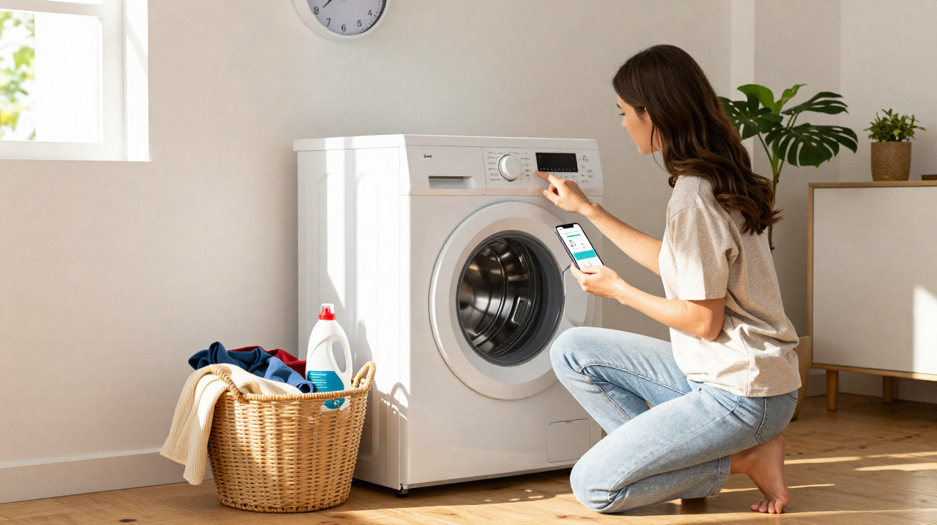 Mulher ajustando a máquina de lavar roupas enquanto segura smartphone, cesto de roupa e detergente ao lado.