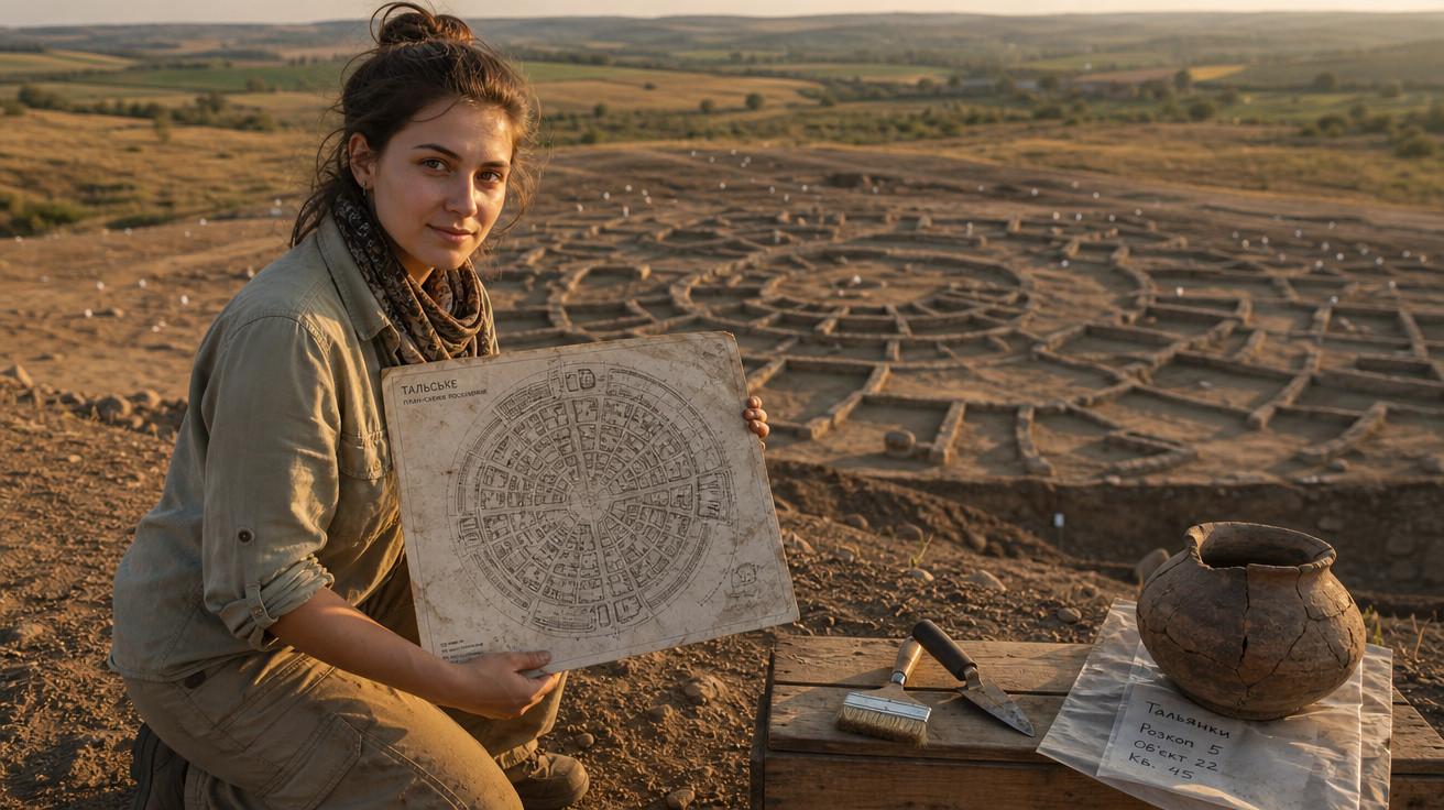Jovem arqueóloga mostra planta antiga de sítio arqueológico circular em área aberta durante escavação.