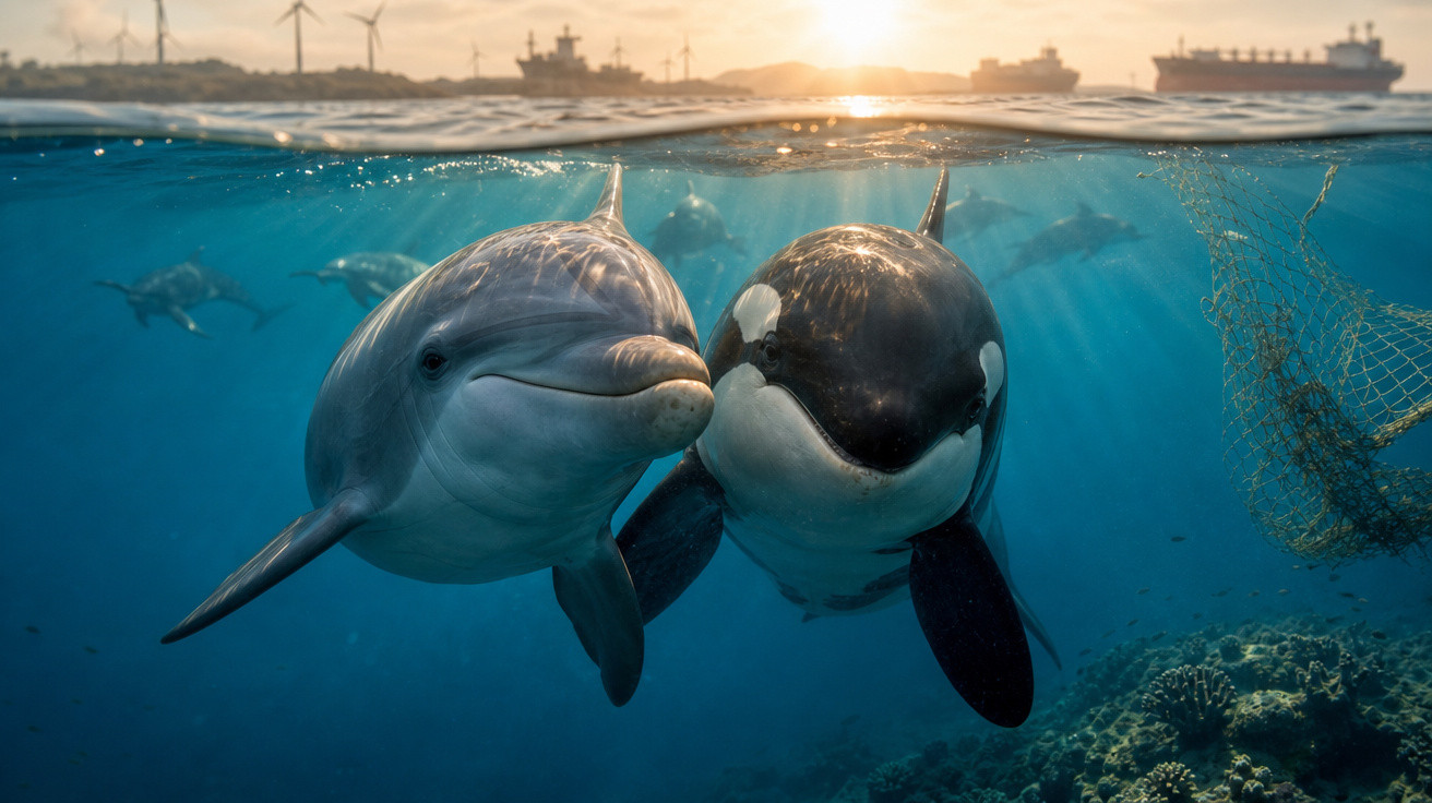 Golfinho e orca nadando juntos em mar com turbinas e navios ao fundo durante pôr do sol.