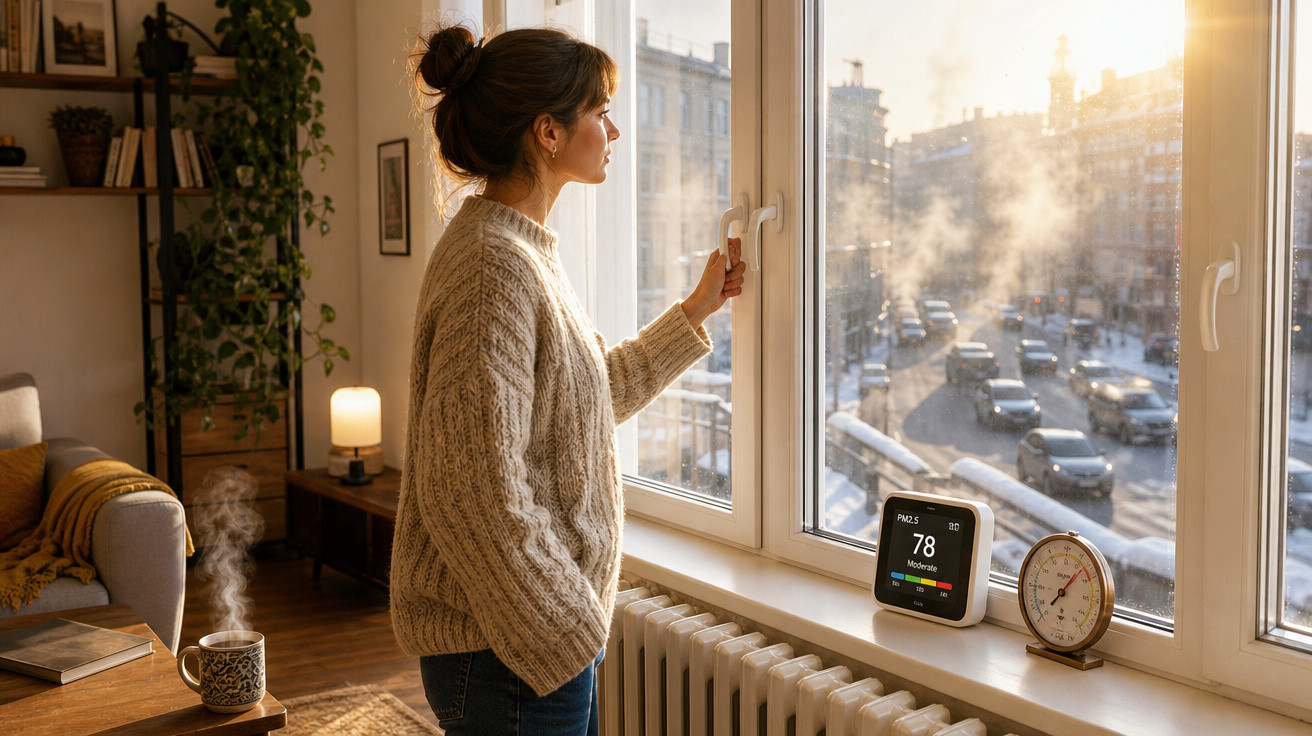 Mulher com suéter bege olhando pela janela de casa em dia frio, com café quente numa mesa próxima.