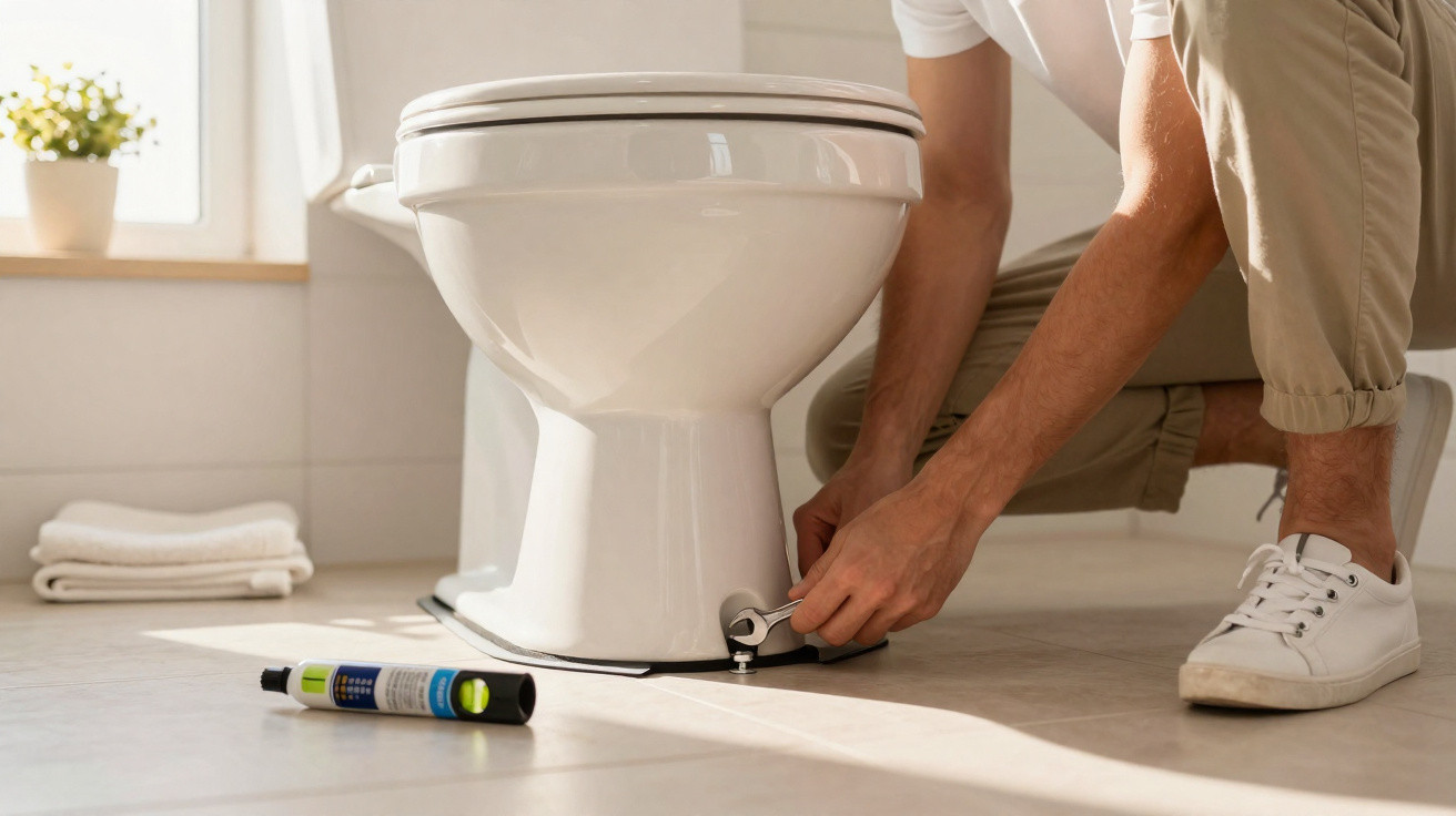 Pessoa conserta vaso sanitário branco em banheiro claro com ferramenta na mão.