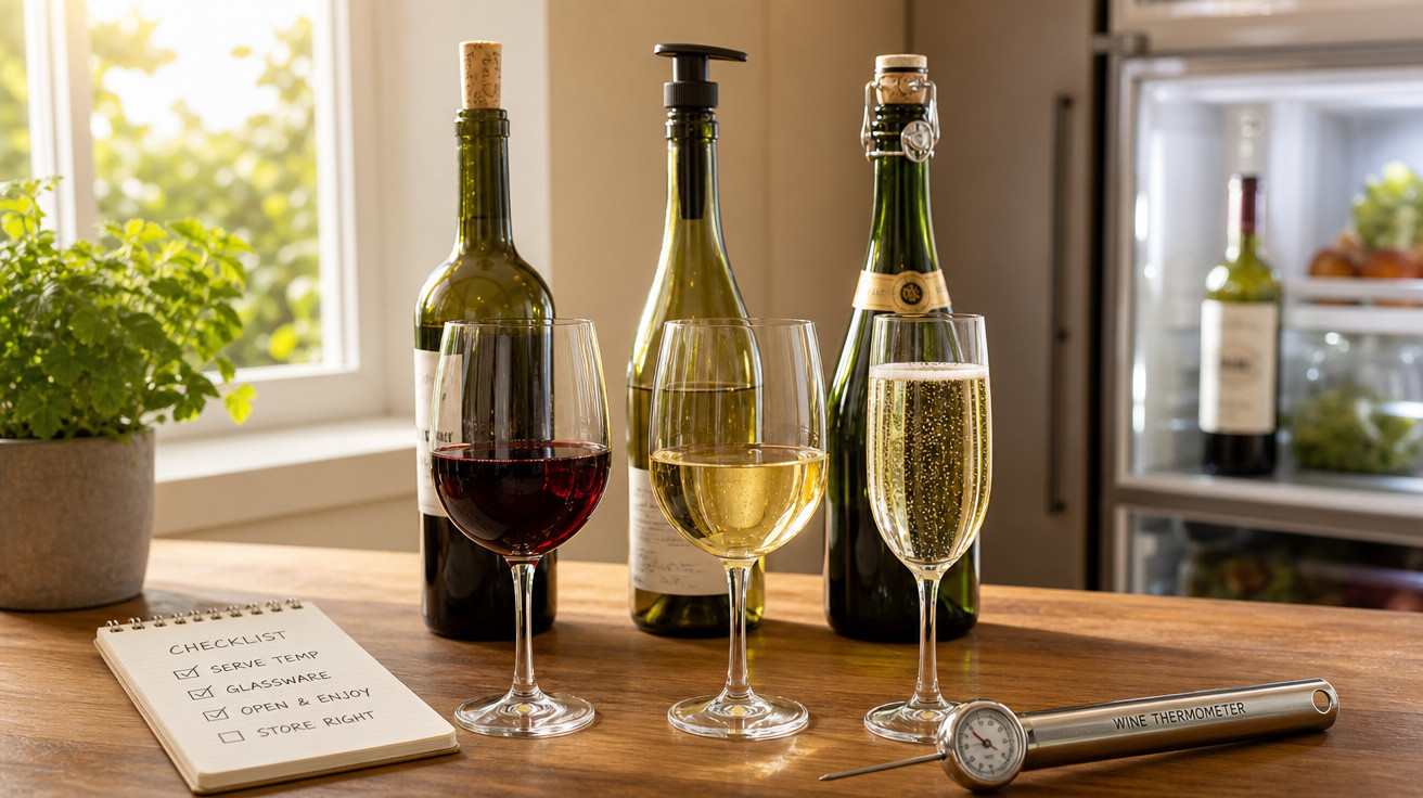 Três taças com vinho tinto, branco e espumante sobre mesa com garrafas, termômetro de vinho e lista de verificação.