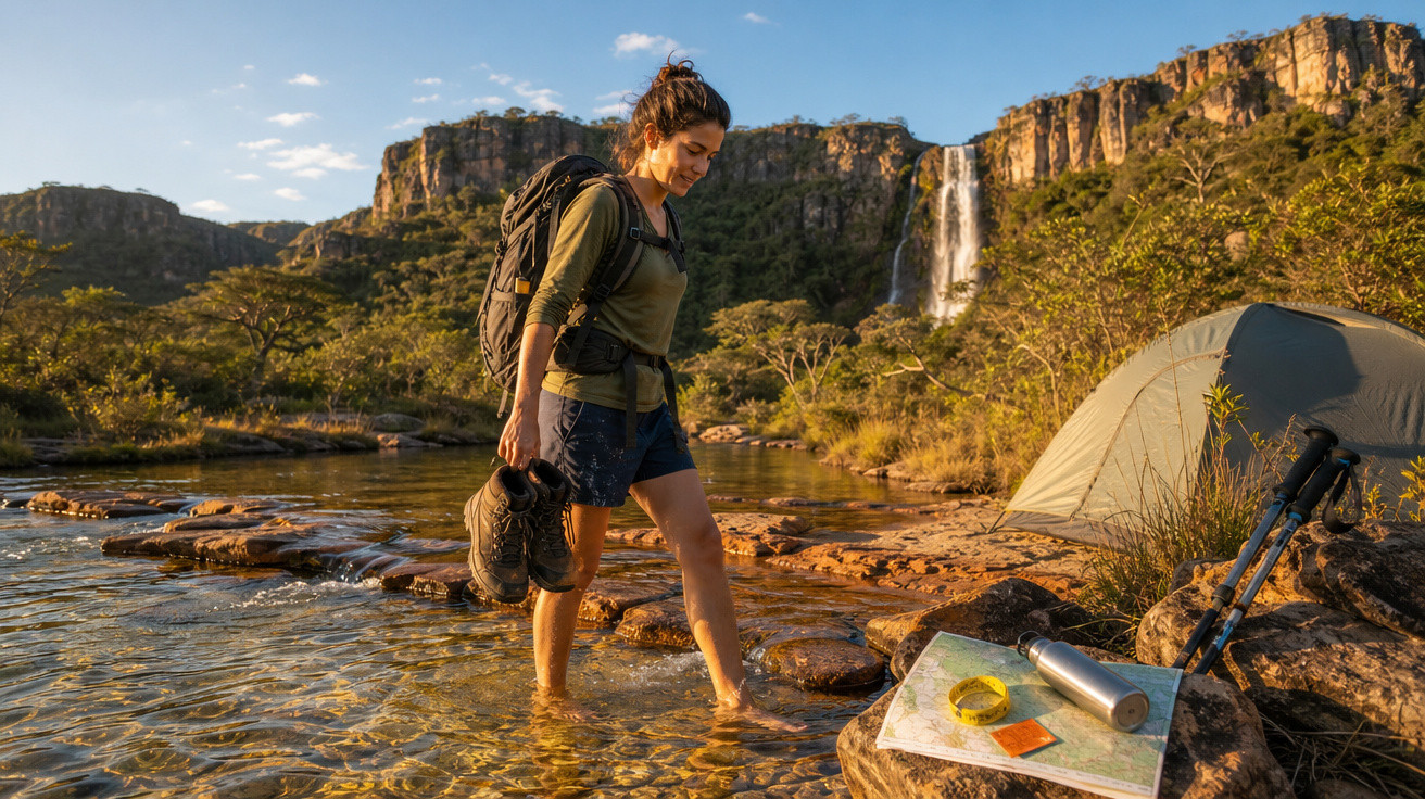 Mulher com mochila e botas na mão atravessa rio raso perto de barraca e cachoeira ao pôr do sol.