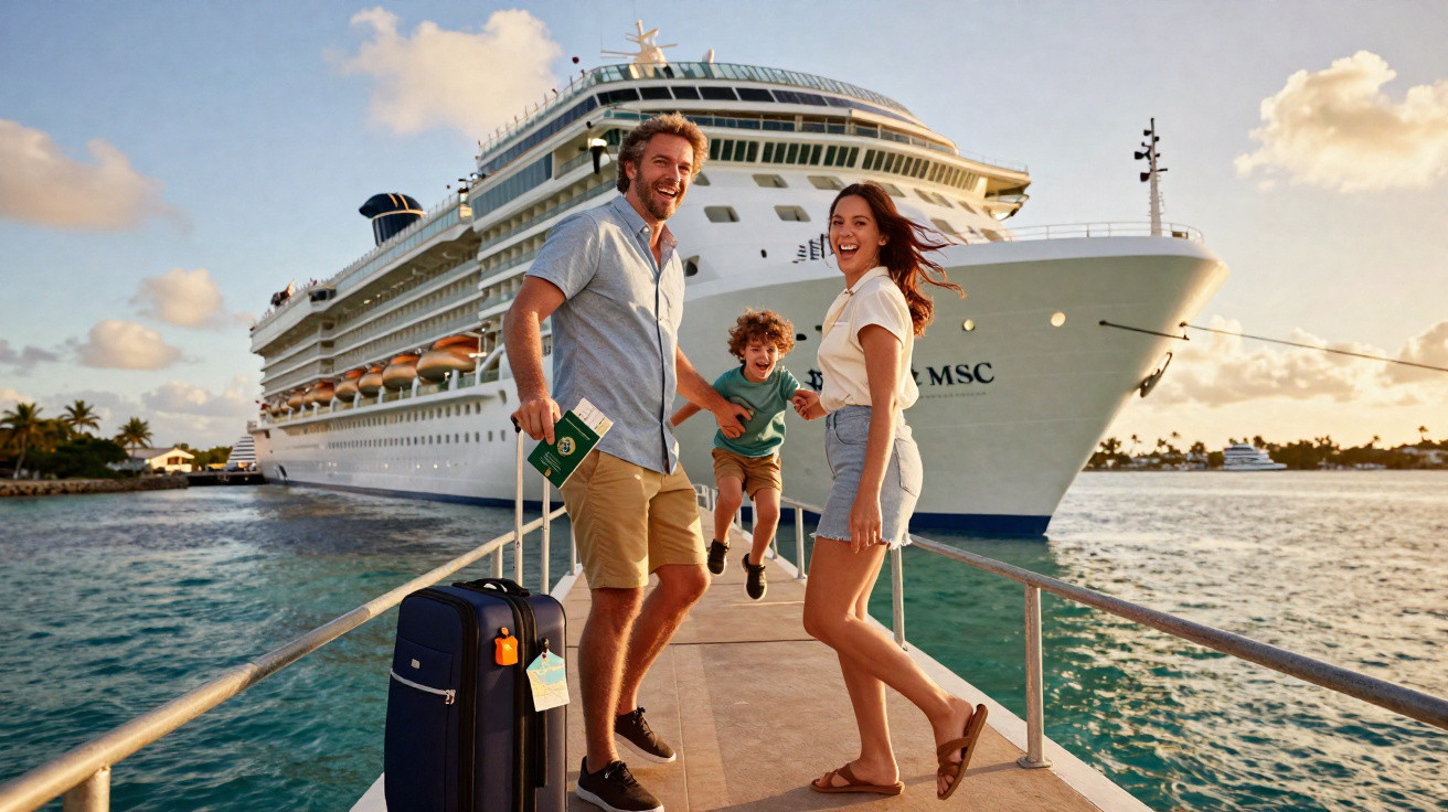 Família sorridente com malas embarcando em navio de cruzeiro MSC em píer ensolarado junto ao mar.