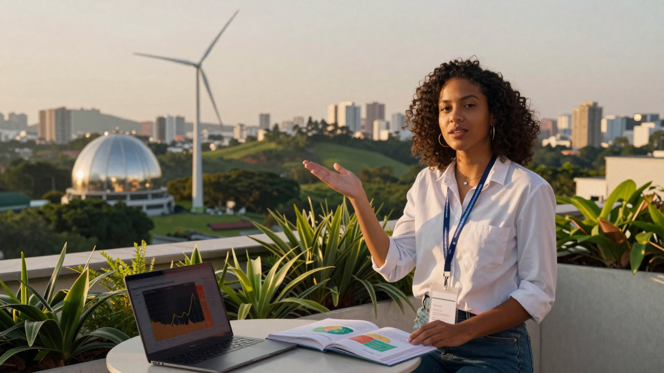 Jovem explica dados em laptop e gráfico, com turbina eólica e cidade ao fundo.