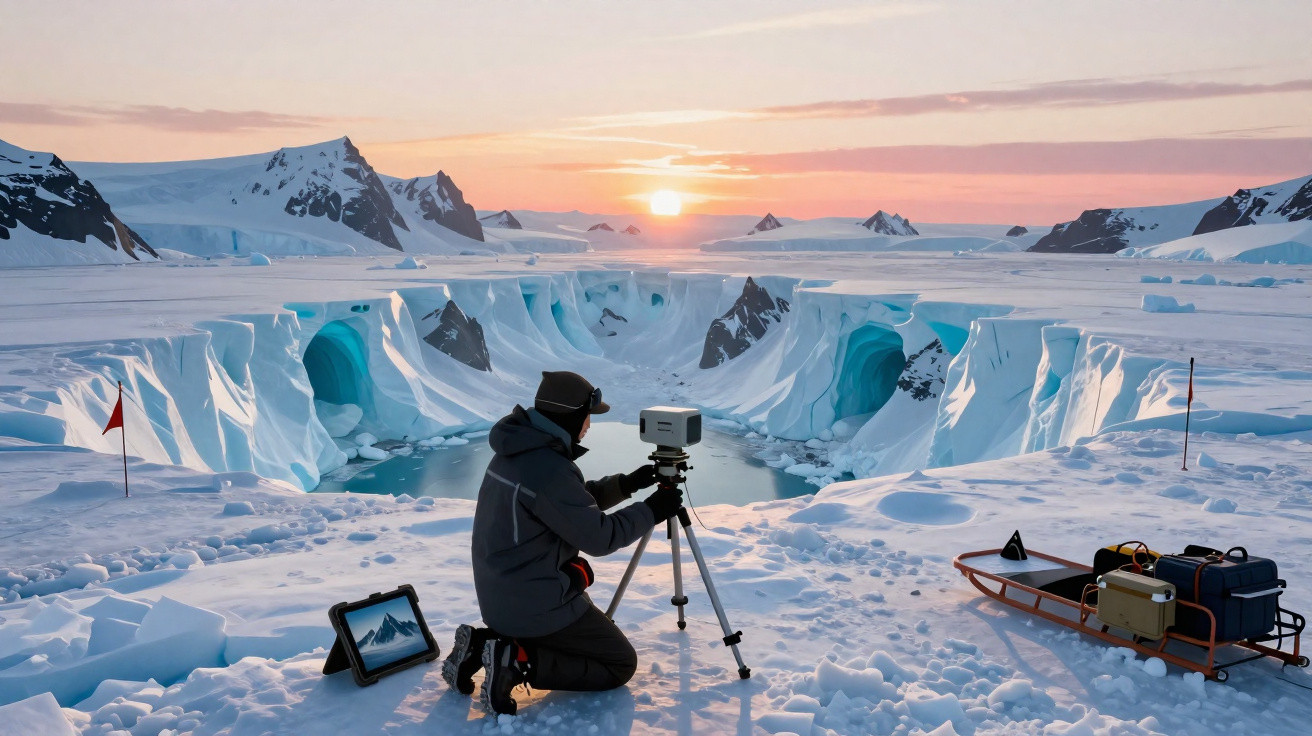 Pesquisador com equipamento em tripé registra geleira azulada em paisagem nevada ao pôr do sol.