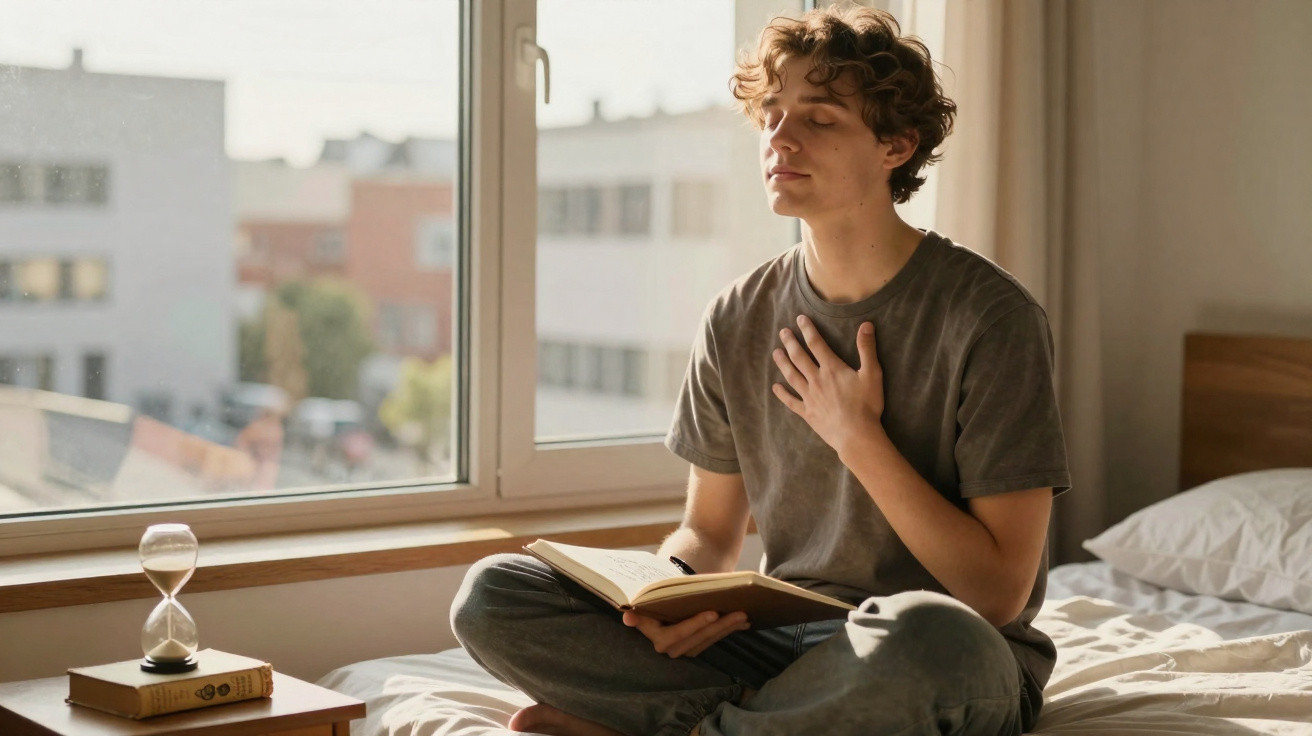 Jovem sentado de pernas cruzadas na cama, meditando com mão no peito e livro aberto no colo, perto da janela.