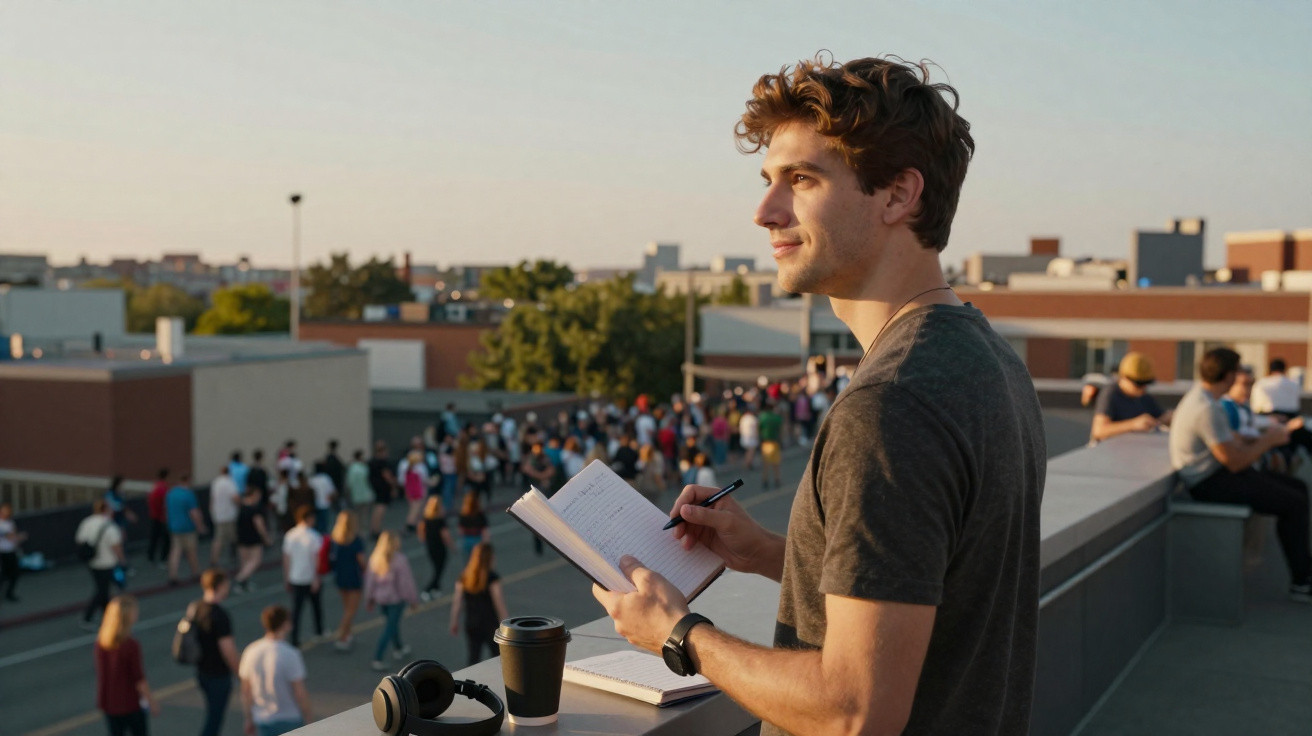 Homem jovem escrevendo em caderno ao ar livre com multidão e prédios ao fundo ao entardecer.