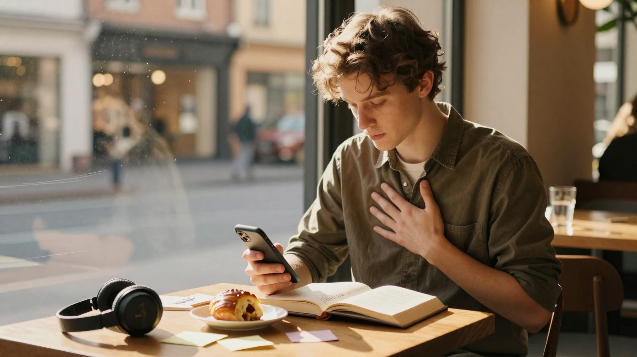 Jovem sentado em cafeteria lendo livro e olhando celular com mão no peito, com fones e lanche na mesa.
