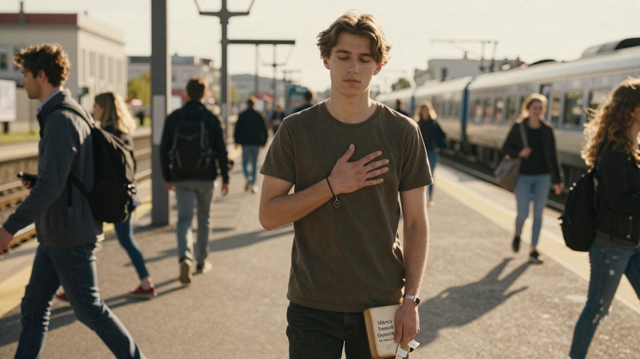 Jovem com olhos fechados e mão no peito segura livro em plataforma de trem movimentada com outras pessoas ao redor.