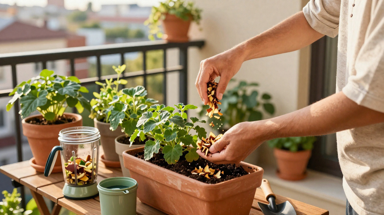 Pessoa fertilizando plantas em vasos de barro em uma varanda ensolarada.