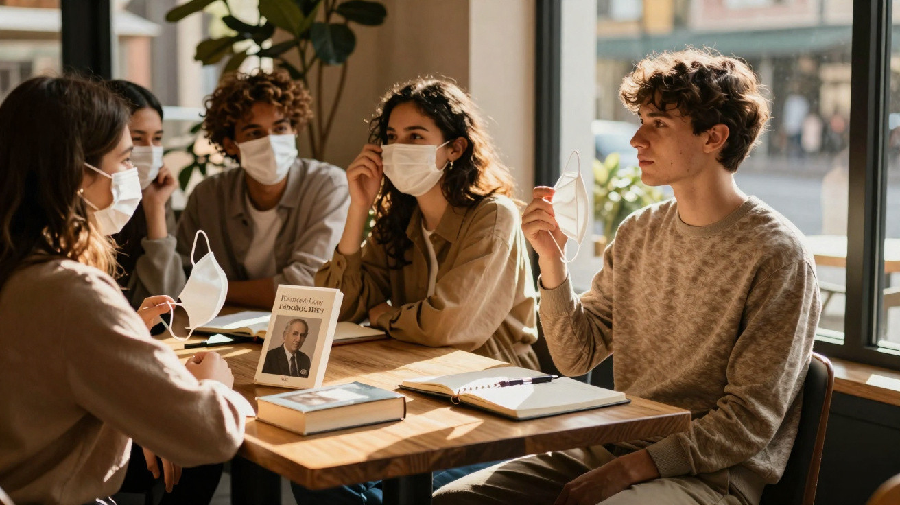 Jovens usando máscaras discutem em torno de mesa com livros e cadernos em ambiente iluminado.