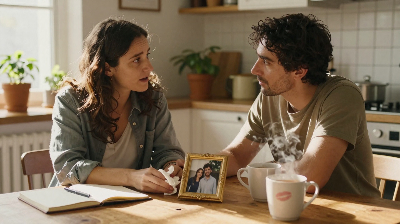 Casal conversando sério na cozinha, com foto em porta-retrato e xícaras de café na mesa.