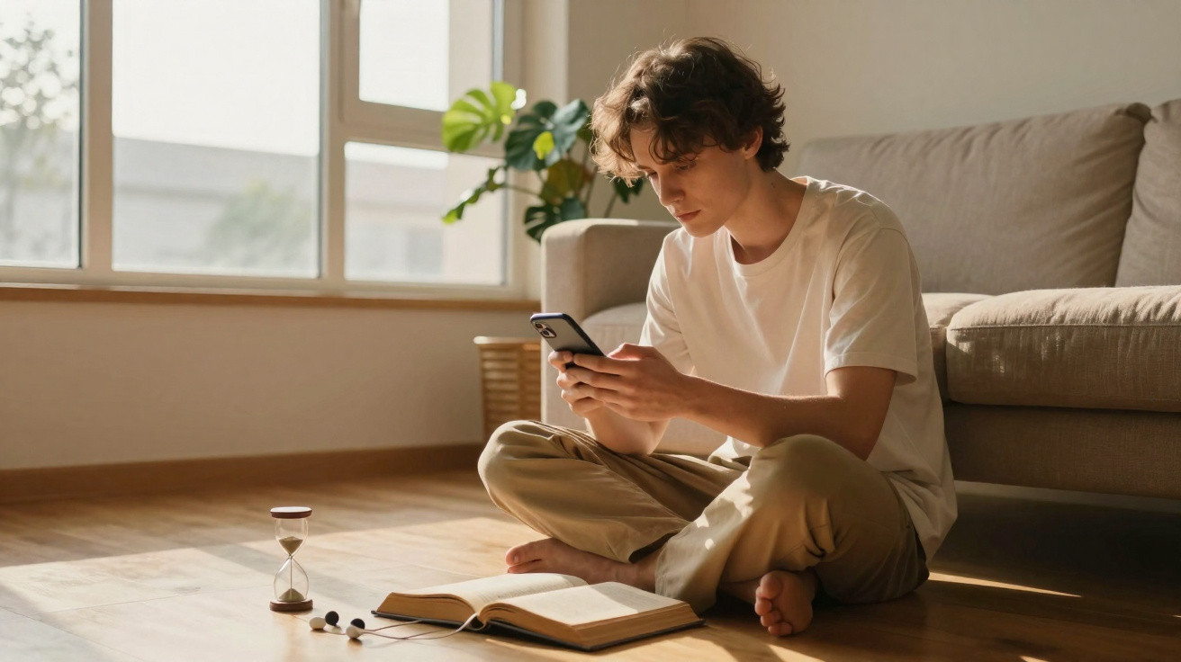 Jovem sentado no chão de sala iluminada, usando celular, com livro aberto e ampulheta ao lado.