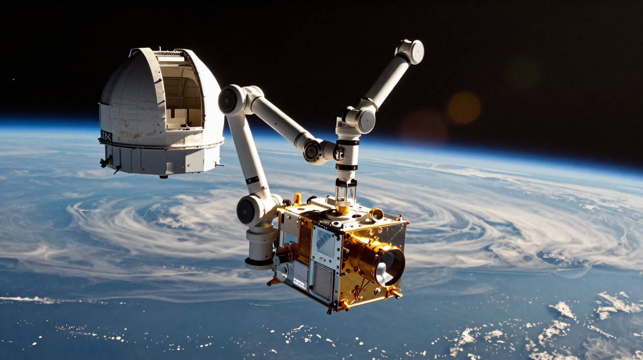 Robô espacial com braço mecânico manipulando equipamento diante da Terra vista do espaço.