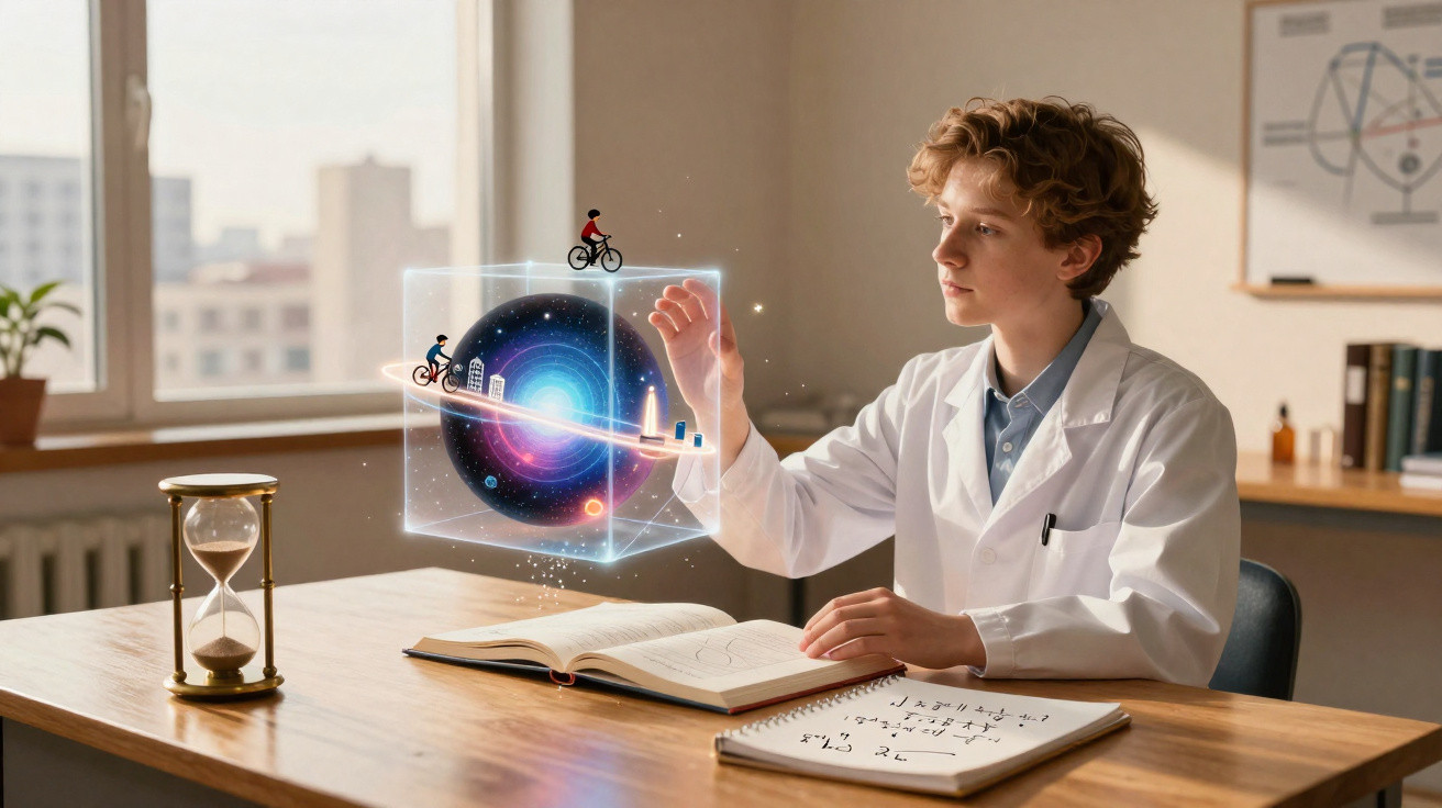 Criança com jaleco manipulando holograma de universo em forma de cubo sobre mesa com livros e ampulheta.