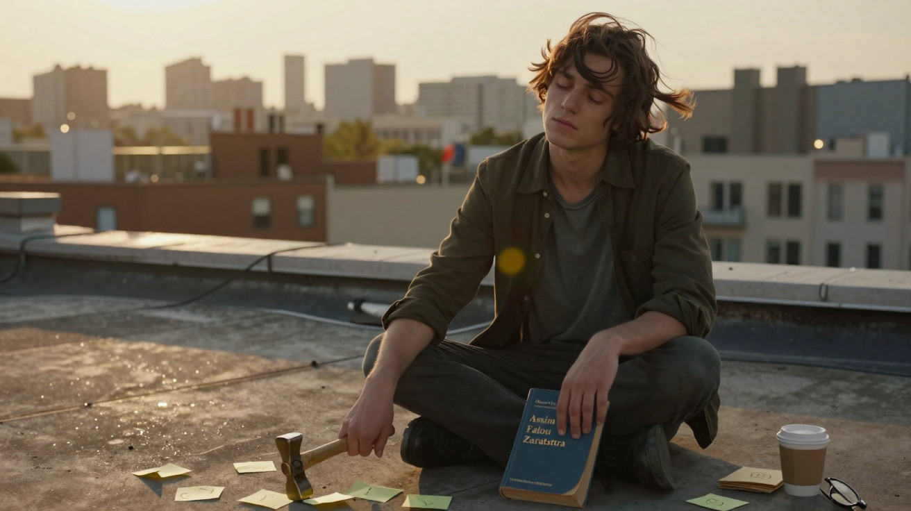 Jovem sentado no topo de um prédio ao pôr do sol, segurando um martelo e um livro, cercado por papéis e um copo.