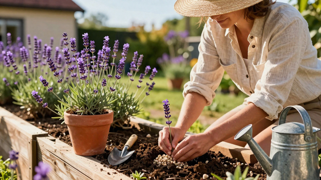 Mulher com chapéu cuidando de planta de lavanda em jardim com regador e vaso de barro.