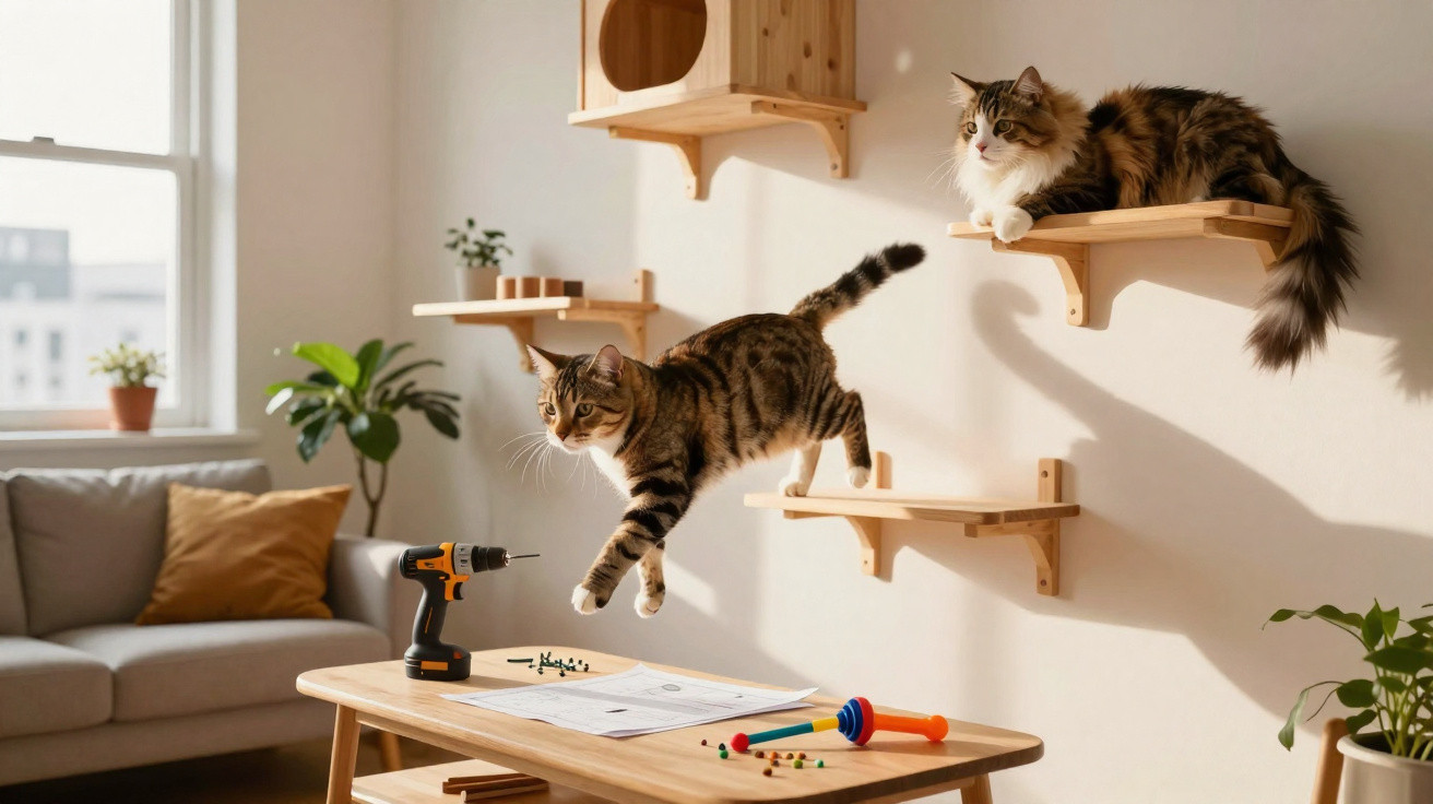 Dois gatos em prateleiras na parede, um pula sobre uma mesa com furadeira e papéis em sala iluminada.