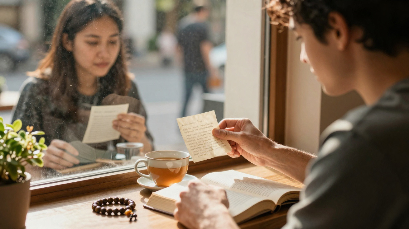 Jovem lendo carta perto da janela com xícara de chá e livro aberto em ambiente aconchegante.