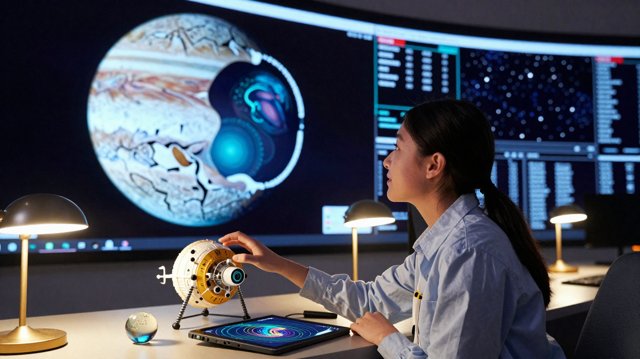 Mulher analisando modelo espacial em sala com grandes telas exibindo dados astronômicos.