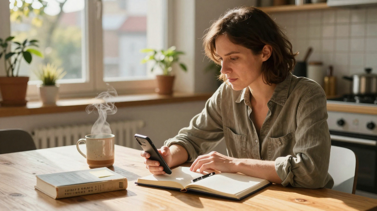 Mulher sentada à mesa com livro aberto, usando celular, com xícara de café fumegante ao lado.
