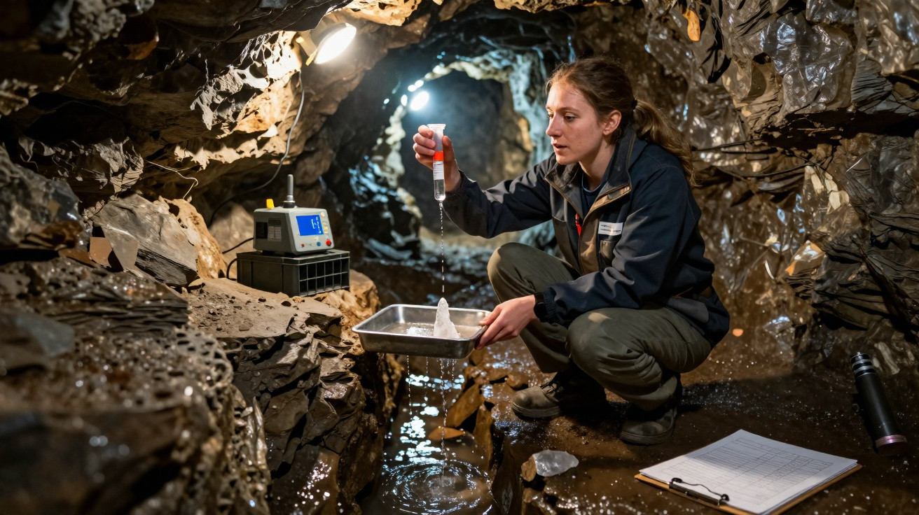 Mulher coleta amostra de água em caverna rochosa com equipamentos científicos e prancheta.