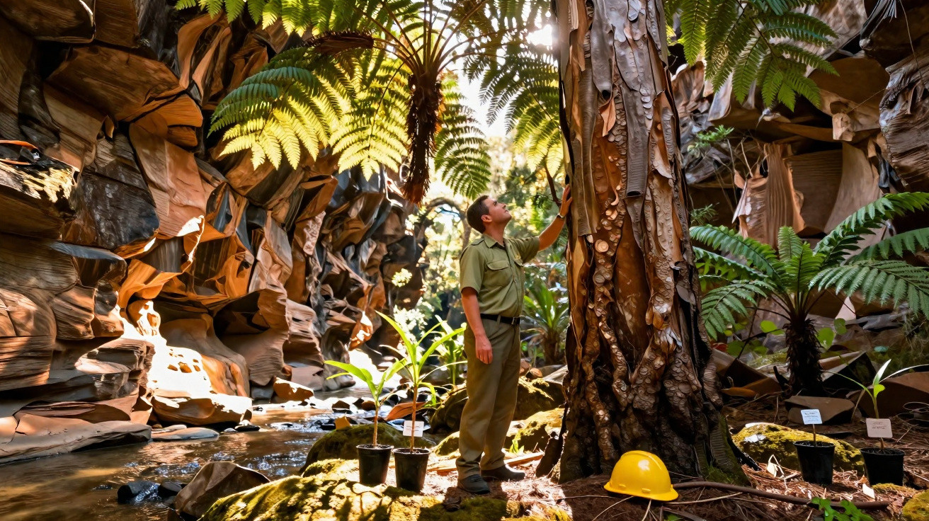 Homem observa planta em ambiente de floresta com pedras, samambaia e capacete amarelo no chão.