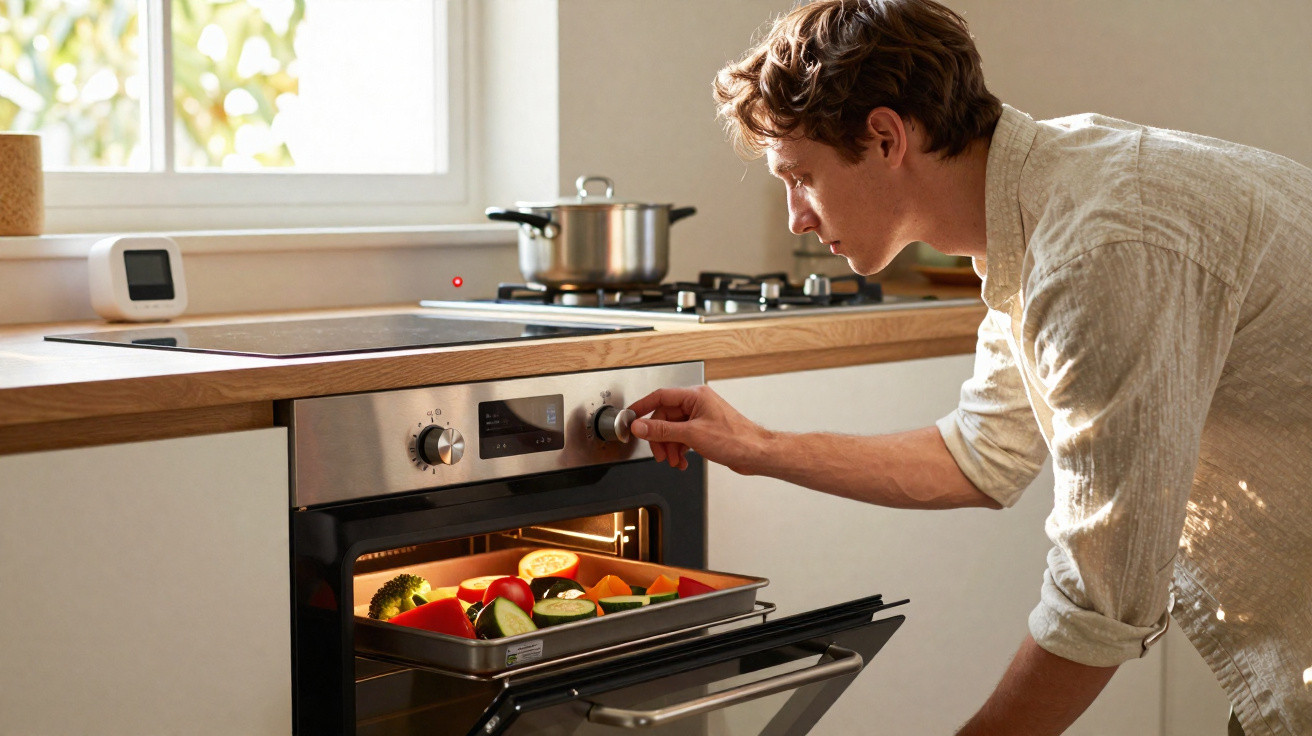 Homem ajusta o forno enquanto assa legumes em uma cozinha iluminada por luz natural.