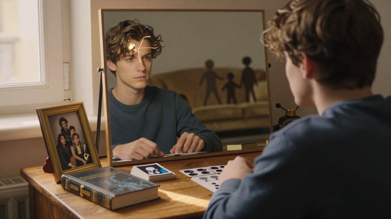 Jovem olhando seu reflexo no espelho sobre mesa com fotos, livro e folhas com rostos desenhados.