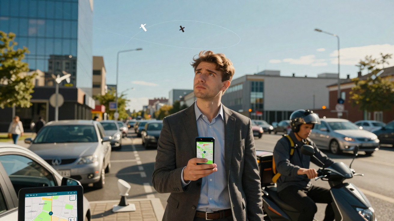 Homem de terno usando celular com mapa, olhando para drones sobre rua movimentada em área urbana.