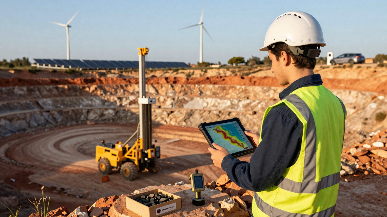 Engenheiro usando tablet em mina a céu aberto com turbinas eólicas e painéis solares ao fundo.