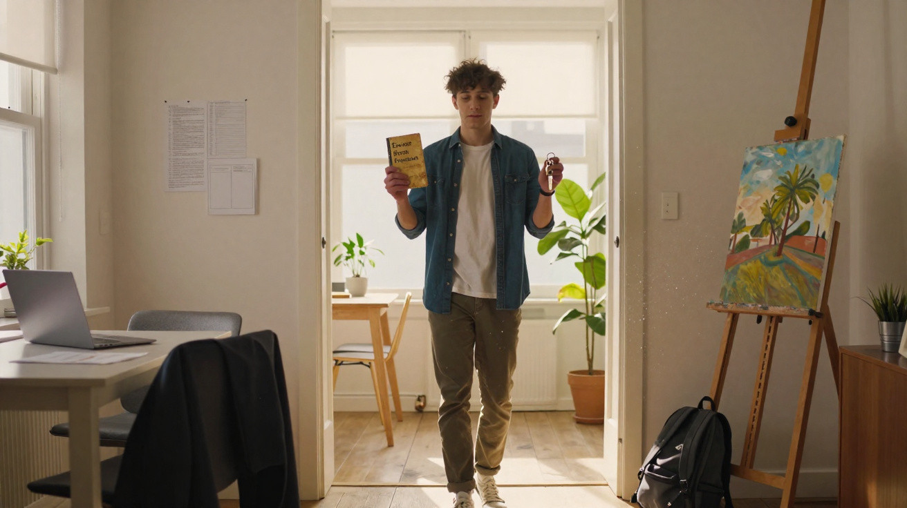Jovem segurando livro e chave em pé na porta de um cômodo iluminado com plantas e quadro.