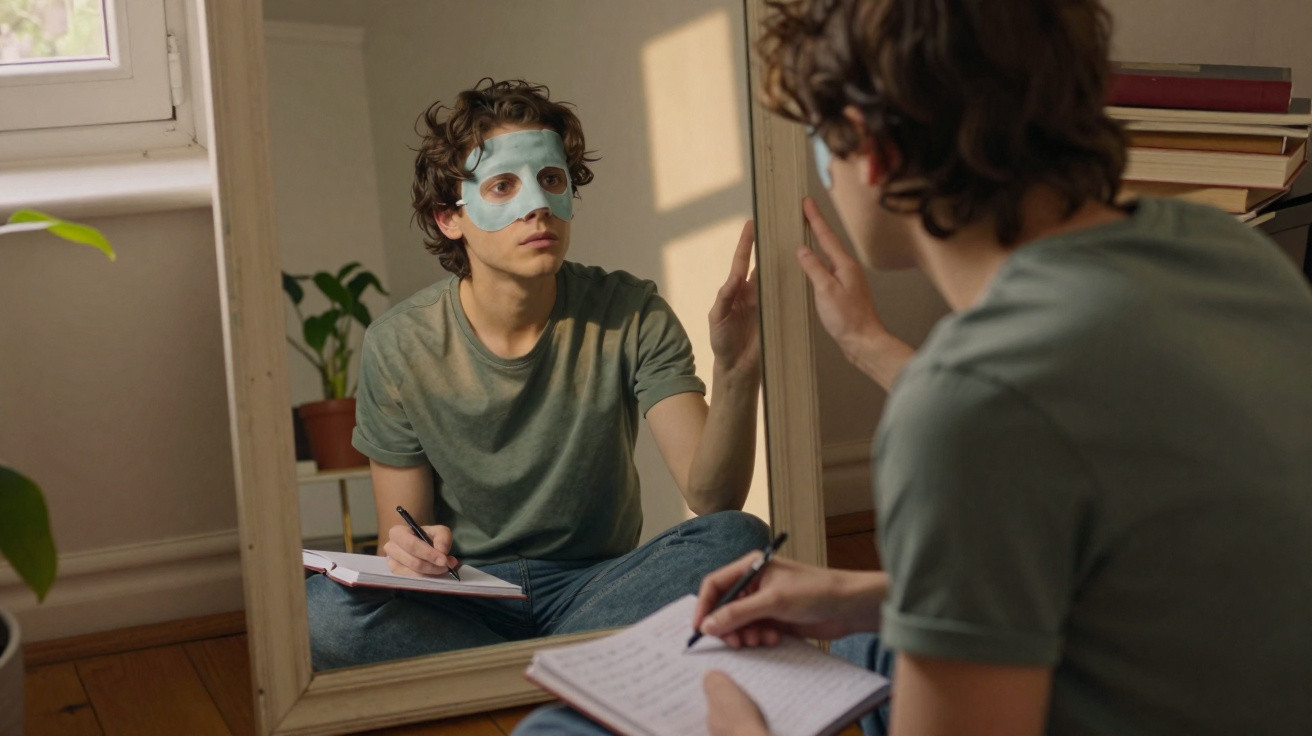 Jovem sentado no chão com máscara facial azul, escrevendo em caderno e olhando para espelho grande.
