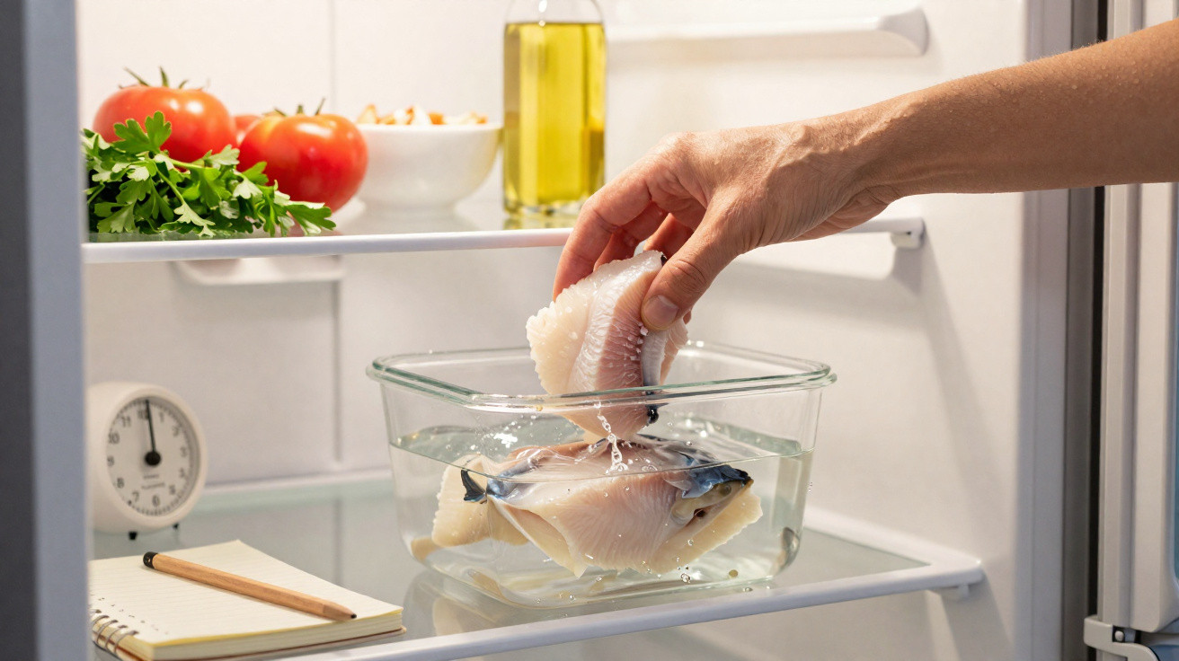 Mão colocando filé de peixe em recipiente com água dentro da geladeira com tomate, salsinha e óleo ao fundo.