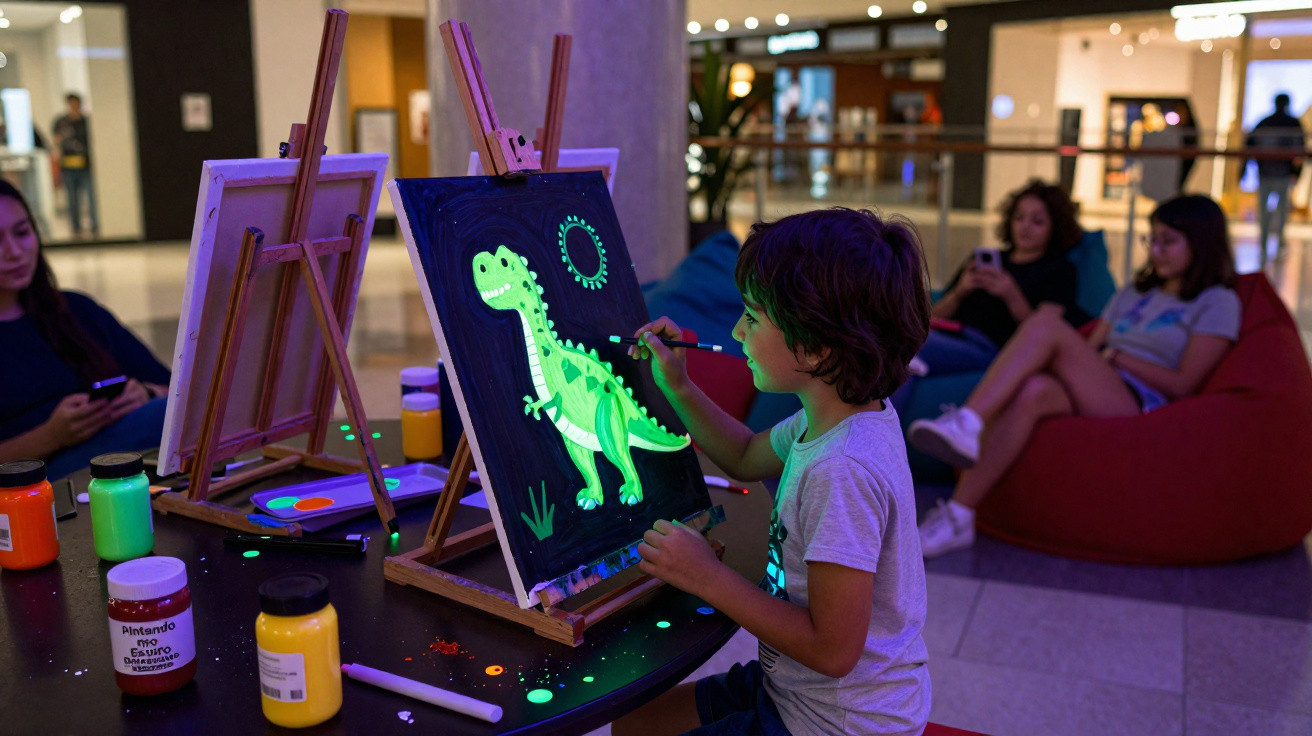 Criança pintando dinossauro verde fluorescente em tela com tinta que brilha no escuro em espaço público.