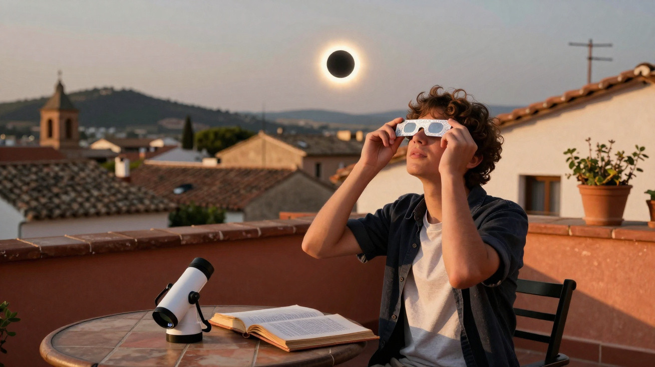Jovem observa eclipse solar com óculos especiais, sentado em mesa com livro e telescópio em varanda.