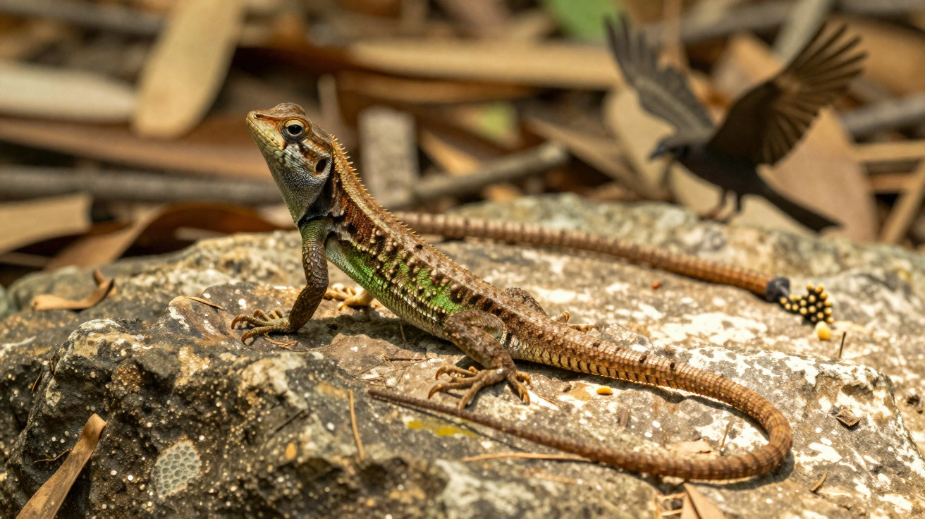 Lagarto marrom com detalhes verdes sobre pedra em ambiente natural com folhas secas ao fundo.