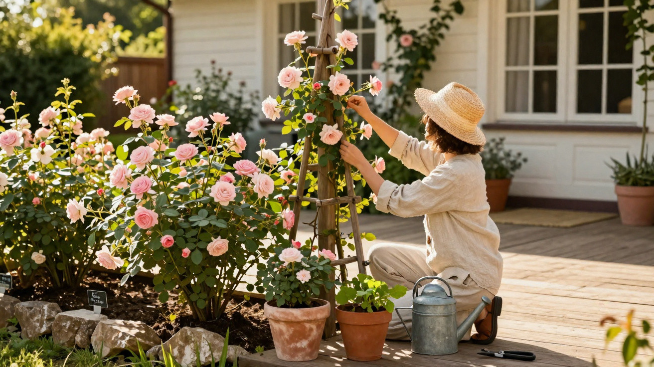 Mulher com chapéu cuidando de rosas cor-de-rosa em jardim ao lado de casa ensolarada.