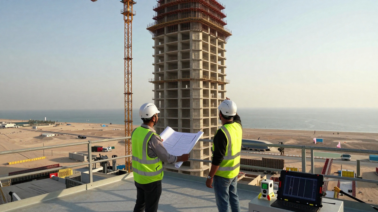 Dois engenheiros com coletes e capacetes revisam projeto na obra de um prédio alto próximo ao mar.