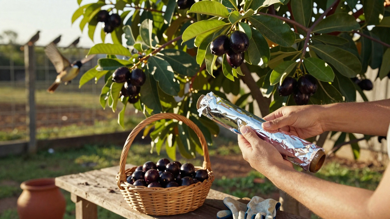 Pessoa desembrulhando papel alumínio perto de cesta com frutas jabuticabas sob árvore.