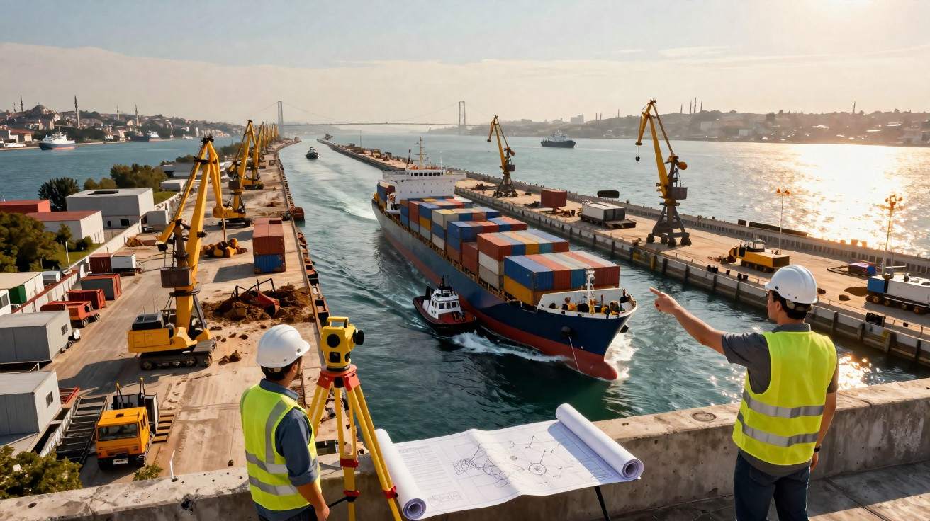 Dois engenheiros com coletes e capacetes observam navio cargueiro no cais com guindastes e containers.
