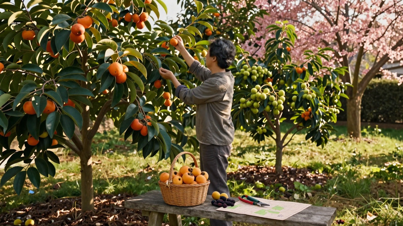 Pessoa colhendo frutos alaranjados em árvore, com cesta e ferramentas sobre banco de madeira no jardim.