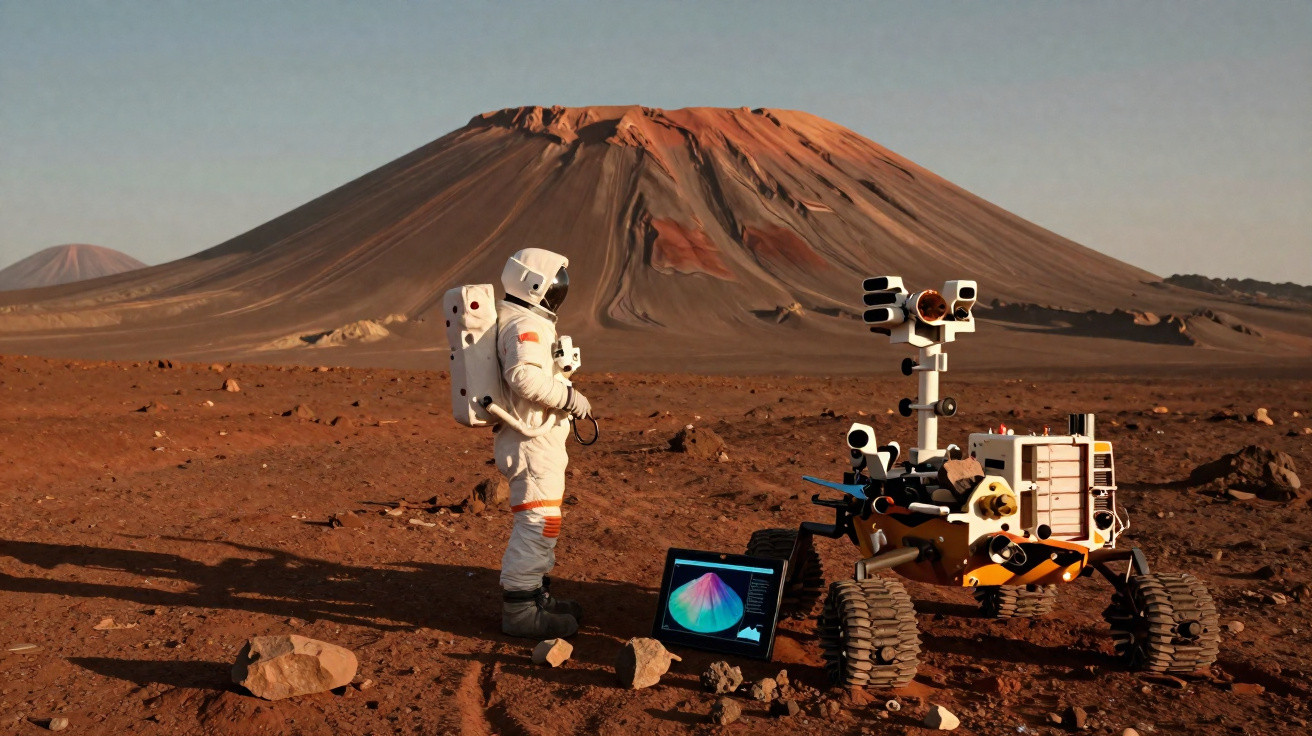 Astronauta e robô explorador em terreno árido com monte ao fundo sob céu claro.