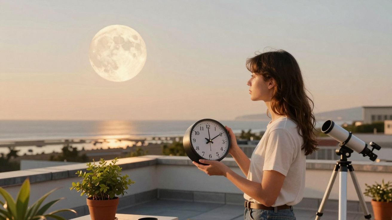 Mulher segurando relógio em terraço ao anoitecer com lua cheia no céu e telescópio ao fundo.