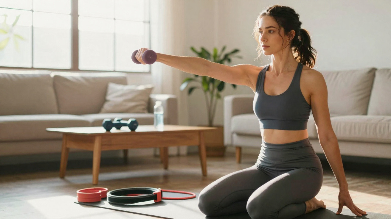 Mulher treinando com halter em casa, ajoelhada sobre tapete de yoga em sala iluminada.