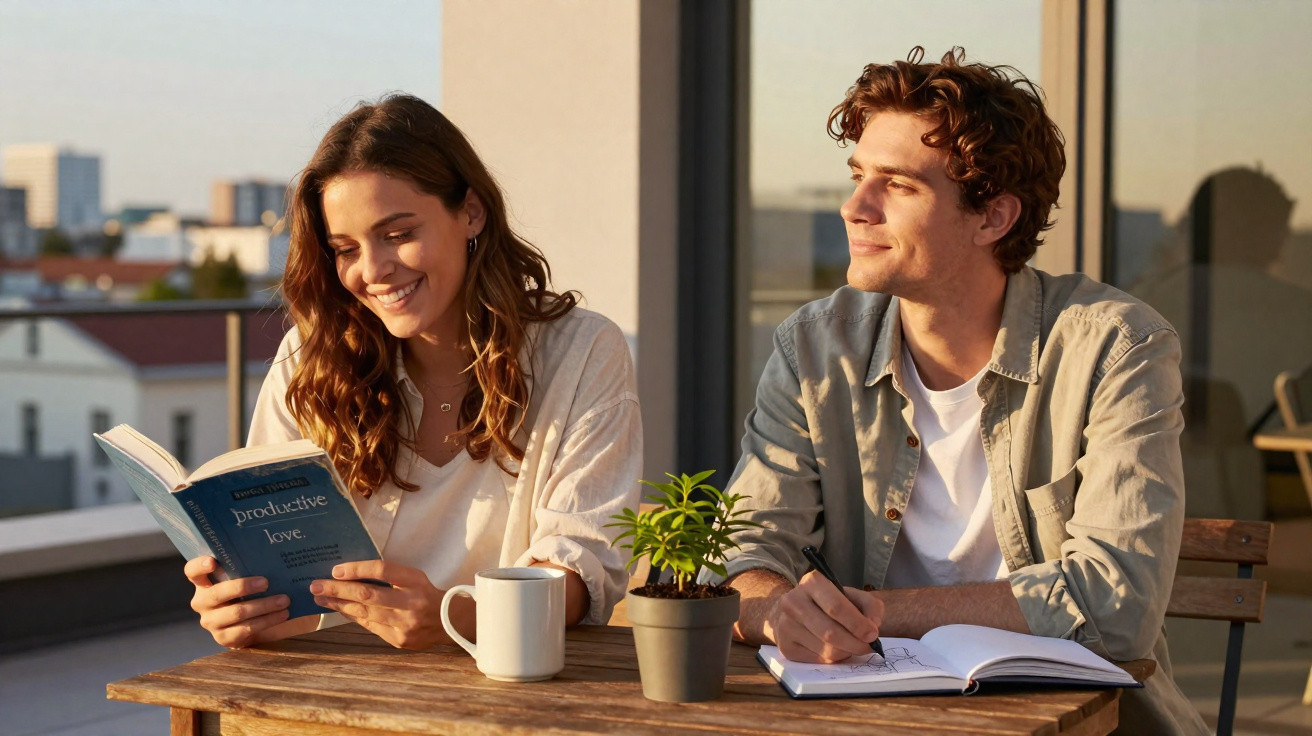 Jovem mulher lendo livro e homem escrevendo em caderno sentados à mesa ao ar livre ao pôr do sol.